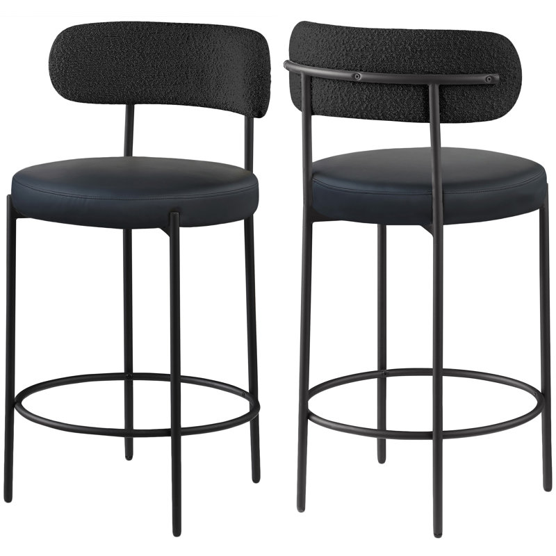 Tabouret de comptoir 26,5 po, Cuir vegan noir et tissu bouclé