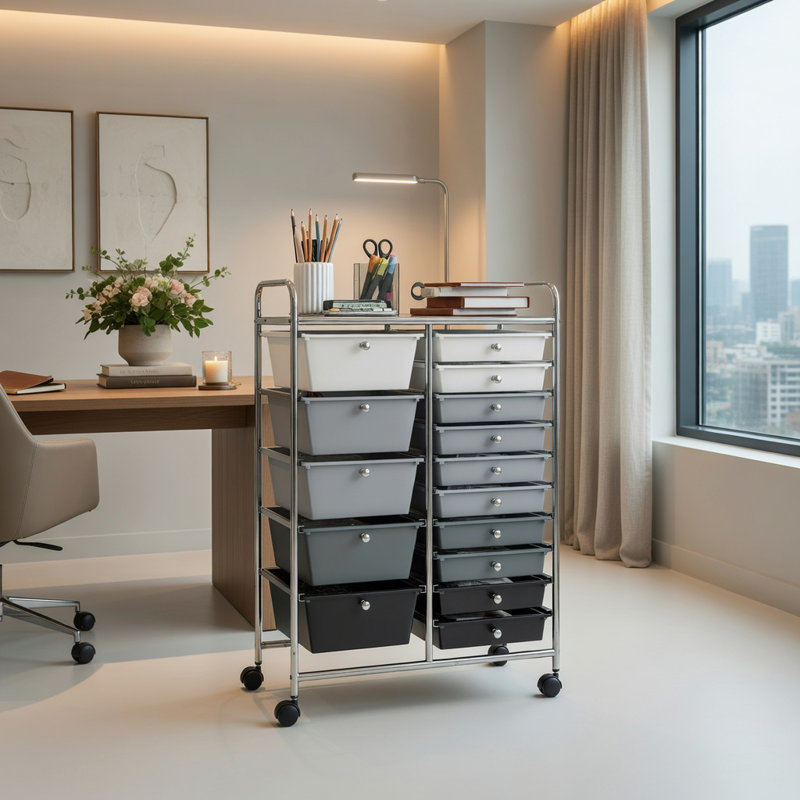  Chariot de rangement roulant à 15 tiroirs avec roues verrouillables, structure en acier robuste, tiroirs en plastique amovibles pour la maison, le bureau, le garage et la salle de classe, gris dégradé