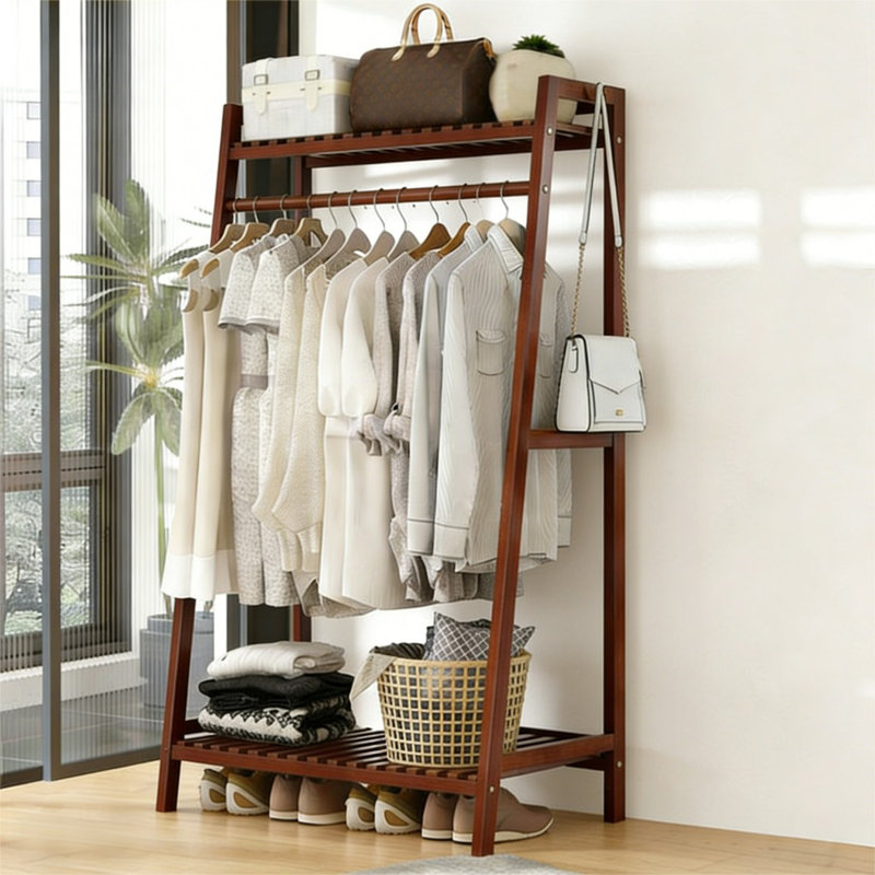 Portant à vêtements en bois de bambou avec portemanteaux et portemanteaux