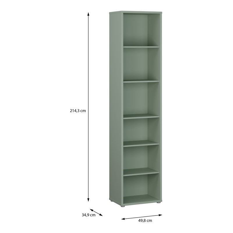 Modern minimalistic shelf unit with 6 open shelves, bookshelf, engineered wood, 49.8 cm W x 214.3 cm H x 34.9 cm D, Green