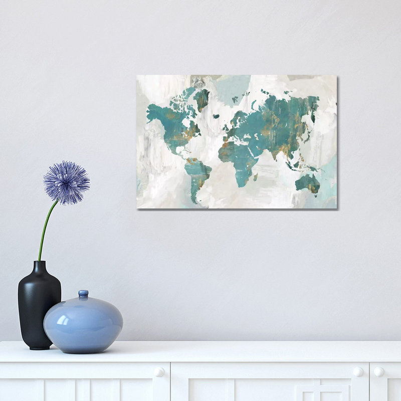 Carte du monde bleu sarcelle par Pamela Collabera - peinture sur toile tendue, H 12 po x l 18 po x 1,5 po