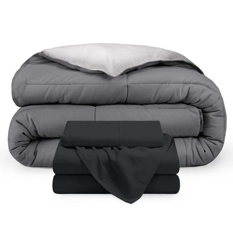 Microfiber Reversible Bed-In-A-Bag, Twin Comforter + 1 Pillowcase, Medium Blue/Grey, Medium Blue