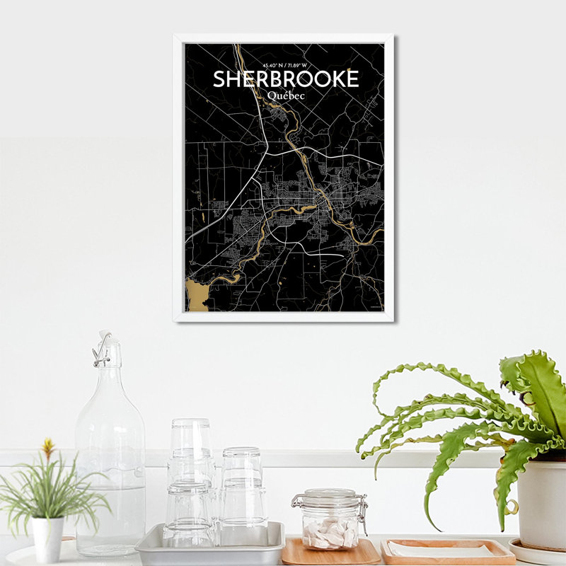 Sherbrooke, carte de la ville, impression, Noir / or, H 24 po x l 18 po