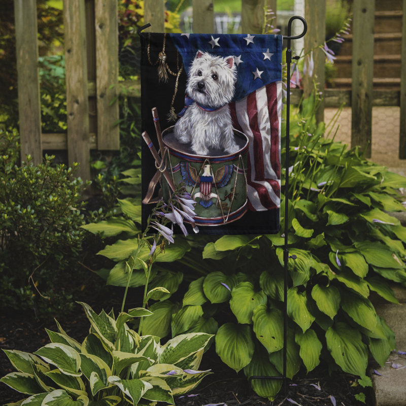Drapeau de jardin en polyester 2 côtés Hype Pug USA 1 x 0,11 pi, Westie, petit garçon au tambour