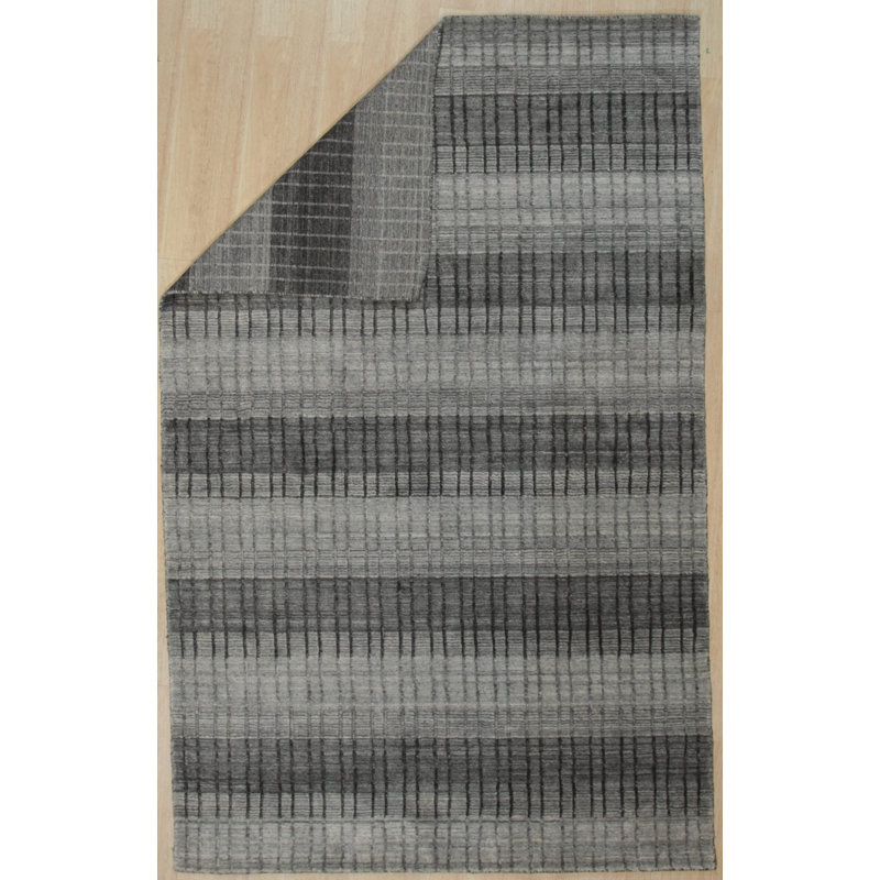 Gray Hand-Knotted Wool Viscose Striated Texture Geometric Modern Contemporary Carpet Rug, 9' x 12'