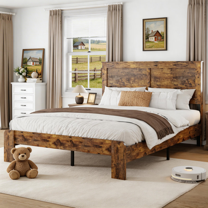 King Size Wood Platform Bed Frame,King Size Bed Frame with Headboard,Rustic Farmhouse Bed Frame,No Spring Box Required, Easy Assembly, Brown