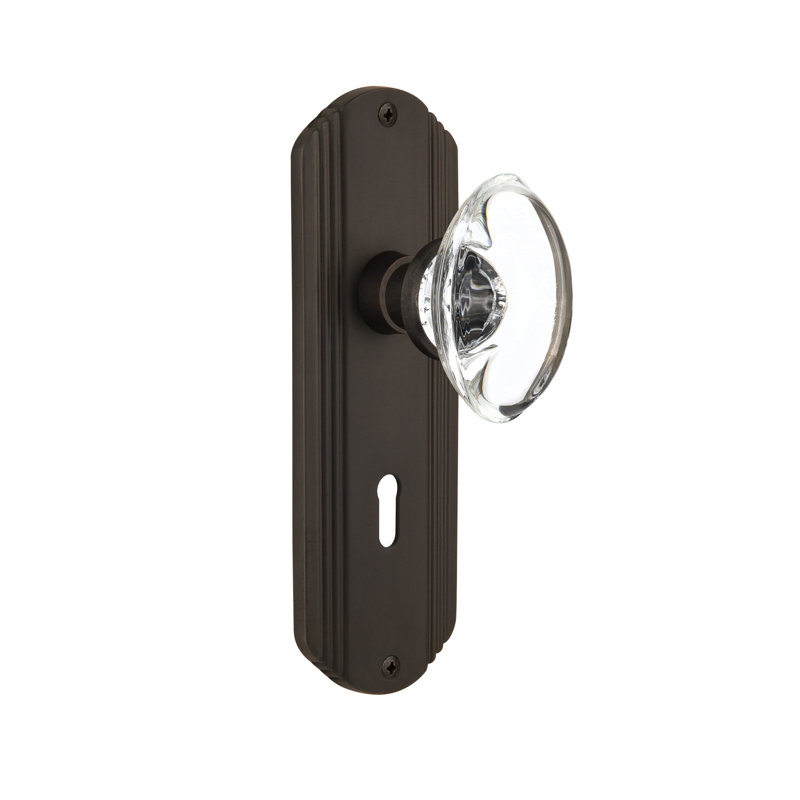 Crystal Oval Interior Mortise Door Knob with Deco Long Plate, Oil-Rubbed Bronze