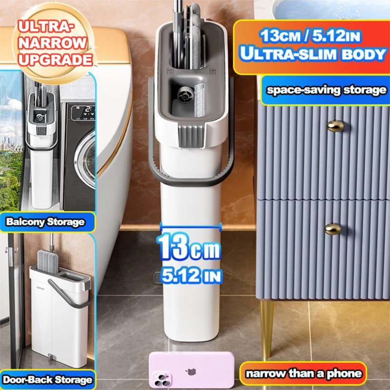 JOYBOS 53-Inch Hands-Free Flat Mop with Dual-Chamber Cleaning Bucket, 6 Replacement Cleaning Pads, and Narrow Bucket Design for Easy Storage