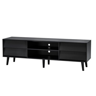 Spacieux meuble télé de 63 pouces avec biseau rétro et tiroirs, noir pour le salon. Rangement intérieur. Matériau. Supporte une télé de 60 pouces. Assemblage facile. Pour et pour