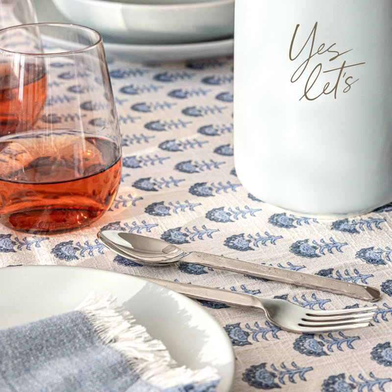 Hand-Screened Blue Flower Cotton Rectangular Tablecloth 70x90