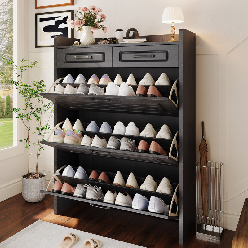Shoe Cabinet for Entryway, Narrow Shoe Storage Cabinet with 3 Flip Drawers and 2 Top Drawers, Modern Shoe Rack Organizer Cabinet for Hallway, Apartment, Living Room, White