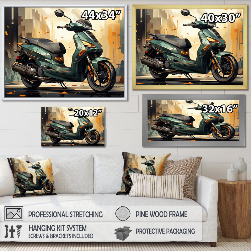 Green Scooter Cafe Racer, reproduction d'art sur toile, Cadre doré à une seule photo, H 34 po x l 44 po x P 1,5 po