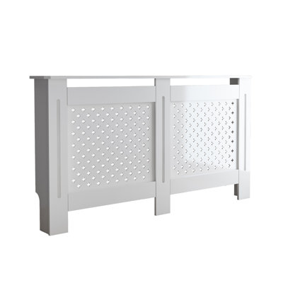 MDF Radiator Cover, 67.7"W × 7.5"D × 32.3"H, MDF with Water-Based Lacquer Finish, 1-Piece Set, Decorative Perforated Front Panel Heater Cabinet with Top Display Shelf, White
