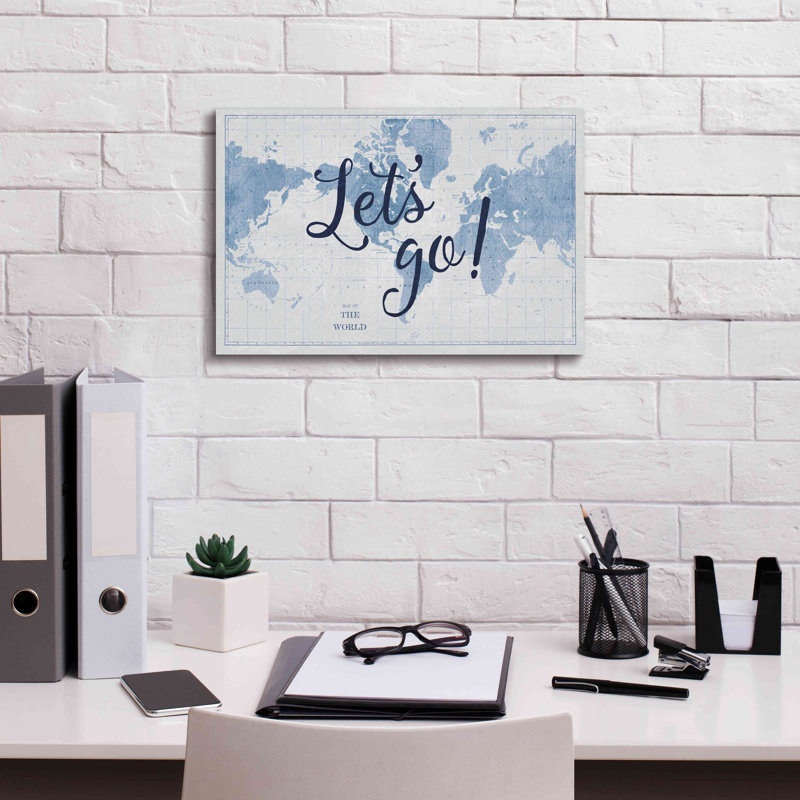 Red Barrel Studio 'Blueprint World Map Lets Go' By Sue Schlabach, Giclee Canvas Wall Art, 26"X18", 18" W x 12" H