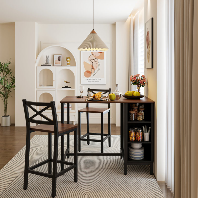Industrial Style 3 Pieces Counter Height Dining Table Set With Storage Shelves, 41.3’’L Rectangular Dining Table With 2 Dining Chairs For Compact Kitchen Or Dining Room