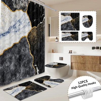 4 pièces de rideau de douche en marbre veiné doré moderne, décor de salle de bain luxueux avec 12 crochets inclus, tapis de bain antidérapant, tapis de toilette en forme de U, couvercle de couvercle de toilette, accessoires de salle de bain toutes sa