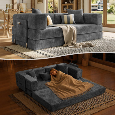 Canapé-lit convertible sans os de 78,8 po avec coussins en mousse à double fermeté et velours résistant aux égratignures, sans assemblage requis, gris foncé