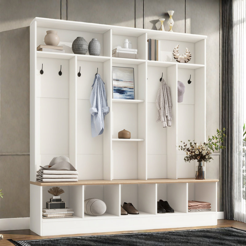 Hall Tree 66.92" Wide With Bench And Shoe Storage, White