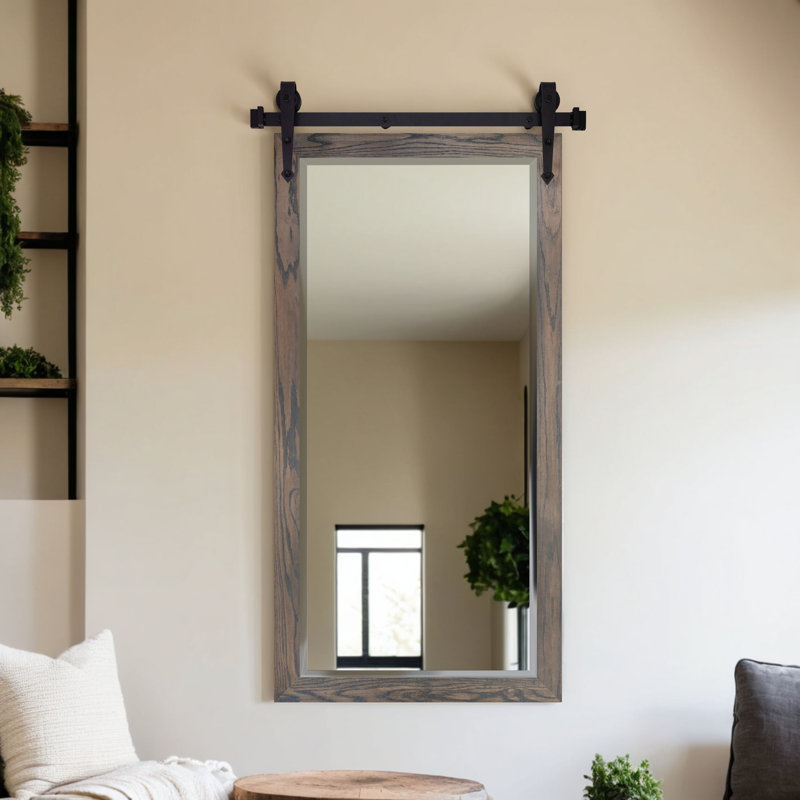Ozark Hardwood Beveled Mirror With Steel Barn Door Rail, Carbon Gray
