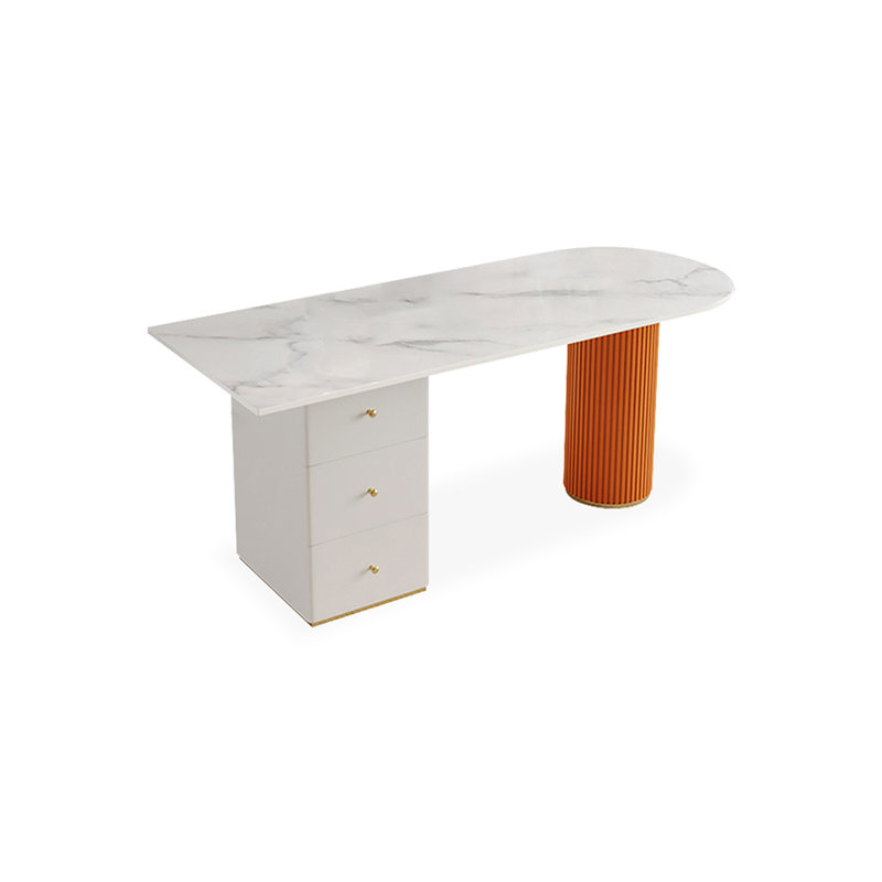Bureau en bois manufacturé courbé orange avec 3 tiroirs, H 29,53 po x l 55,12 po x P 23,62 po, Blanc