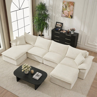 144" Sectional Sofa - U-Shape Sofa-Oversized Corduroy Cloud Couch with Movable Ottoman Soft Modern Comfy and No Assembly Sofa Set for Living Room Apartment Office, Beige