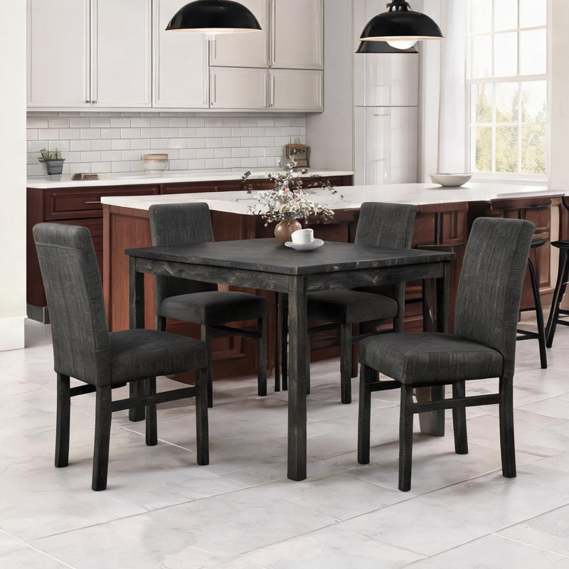 Ensemble de salle à manger 5 pièces transitionnel avec table rectangulaire de 48 pouces et 4 chaises rembourrées en tissu, gris anthracite