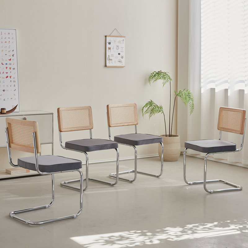 Chairs - Scandinavian Velvet Dining Chair - Rattan Back Chair - Metal Legs, 4, Grey