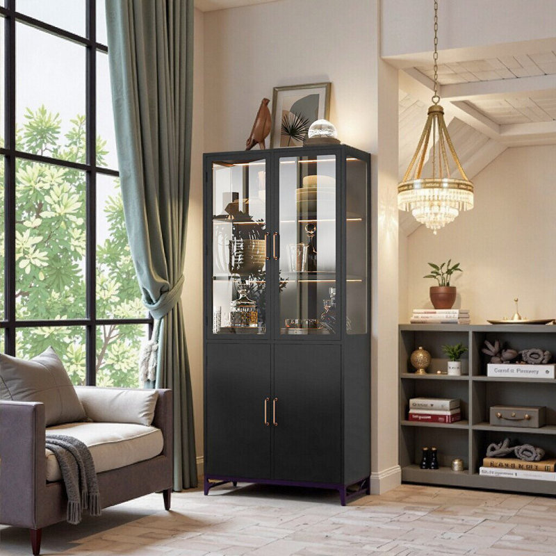 Display Cabinet With Glass Doors, LED Lights & Steel Frame, Dark Blue