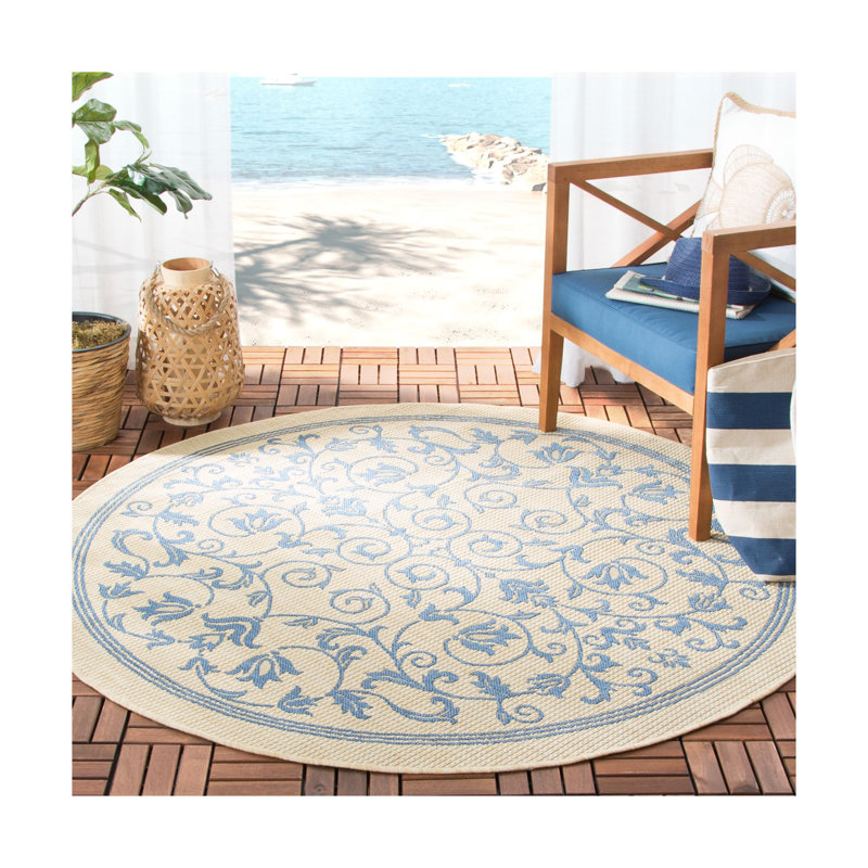 Arneshia Floral Tan/Blue Indoor/Outdoor Area Rug, Round 6'7"