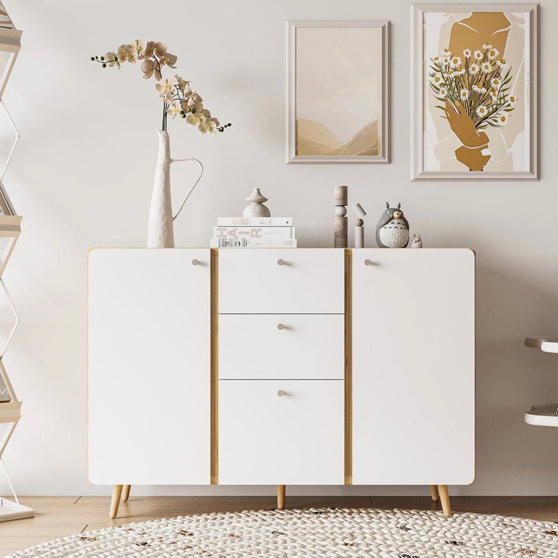 Buffet 48,06 "avec tablettes réglables. 3 tiroirs, 2 portes pour la chambre à coucher, couloir. Blanc, grands tiroirs et portes de 82,17 lb. Salle à manger, cuisine. Tablettes, matériaux.