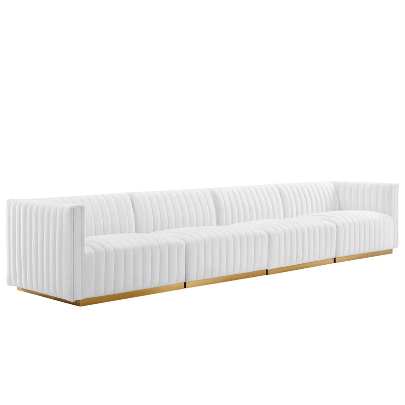 Conjure Channel Tufted Sofa by Modway, Gold, White Velvet, 28" H x 119" W x 41.5" D