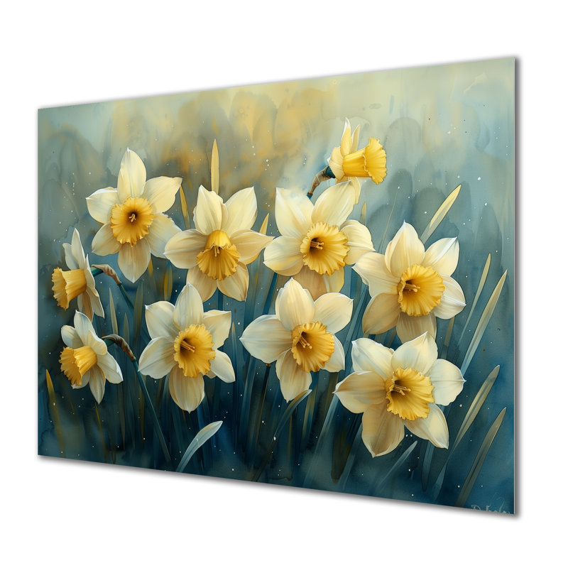 Jardin blanc et jaune, jonquilles de la vie - Jonquilles, art mural salon, Sans cadre, métal, H 12 po x l 20 po