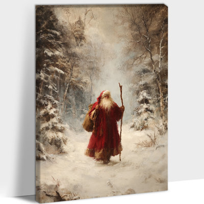 Père Noël, art mural, décorations de Noël rétro, peinture murale sur toile Santa in Winter Forest pour le salon, décoration de Noël avec cadre en pin, 20 po x 30 po
