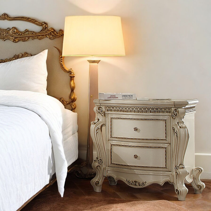 Table de chevet 2 tiroirs de style transitionnel, Blanc / blanc