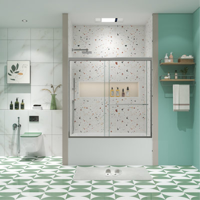 Porte de douche de baignoire, porte coulissante, avec verre trempé de 1/4 po, 56 à 60 po x 58 po