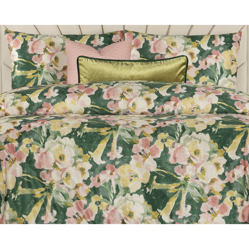 Velvet Floral Duvet Cover & Insert, Full / Double Duvet + 2 Shams + 2 Throw Pillows, Green/Pink