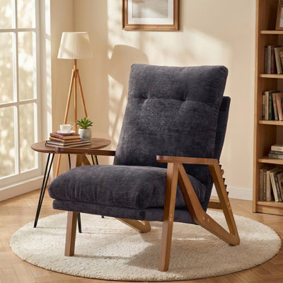 Chenille Upholstered Accent Chair With 5-Position Adjustable Backrest, Rubber Wood Arms, Indoor Leisure Chair