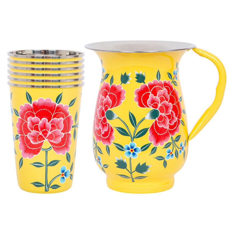 East Urban Home Hand-Painted Picnic Water Jug with 400ml Cups - 1.7L - Ocean Peony, Yellow