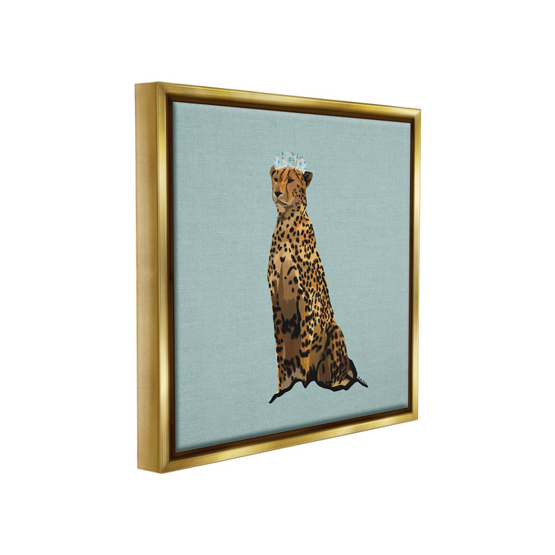 "Regal Leopard with Crown", art mural sur toile flottante par Amelia Noyes, Cadre flottant métallique doré, H 25 po x l 25 po