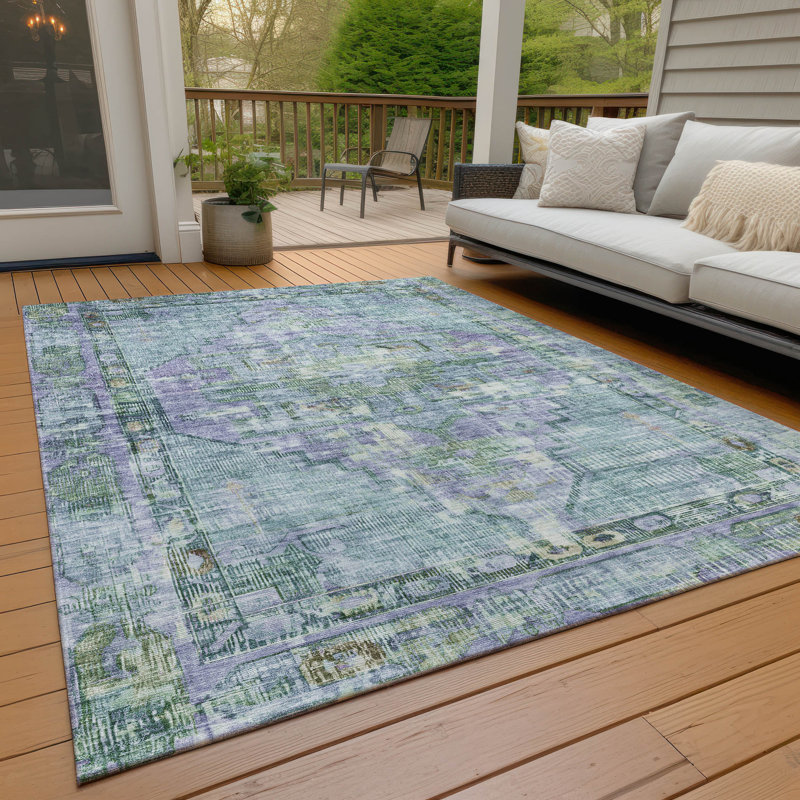 Tapis bleu sarcelle lavable à la machine intérieur / extérieur Xhevrie, Rectangulaire 8 pi x 10 pi
