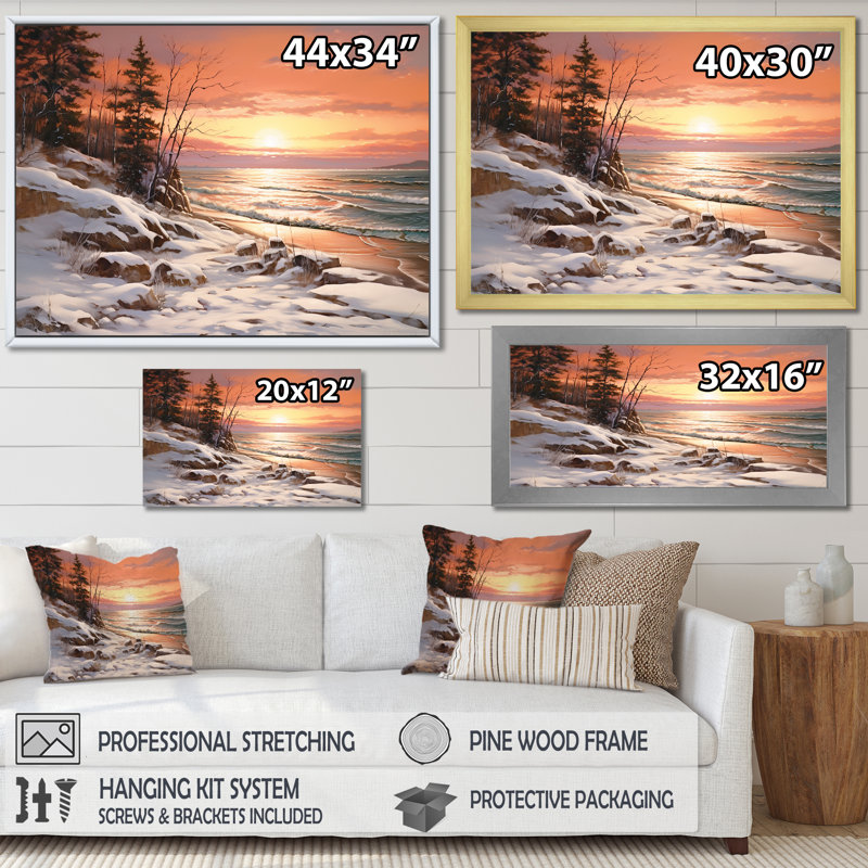 «Beach Winterscene Warm Pastel Sunset I», reproduction sur toile, Toile tendue, H 34 po x l 44 po x P 1,5 po
