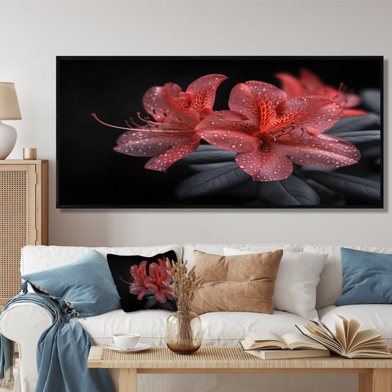 Rose, noir, rhododendron, fleur de minuit I - salon d'art mural rhododendron, Cadre flottant noir, 34" H x 44" W