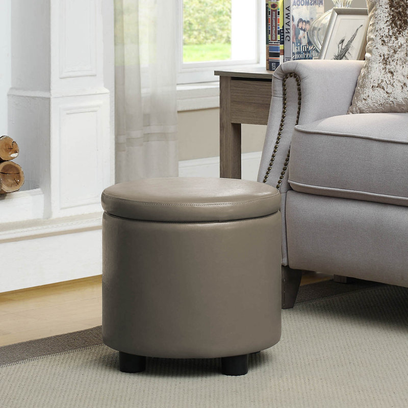 Ahl Arsy 15.75'' Wide Faux Leather Round Storage Ottoman with Reversible Tray Lid, Taupe Gray Faux Leather