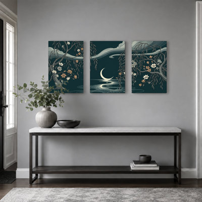 Willow Trees with Moonlit Water and Blossoms Set Of 3 Canvas Wall Art