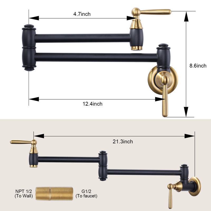 Wall Mounted Brass Pot Filler with 2 Handles, Black/Gold