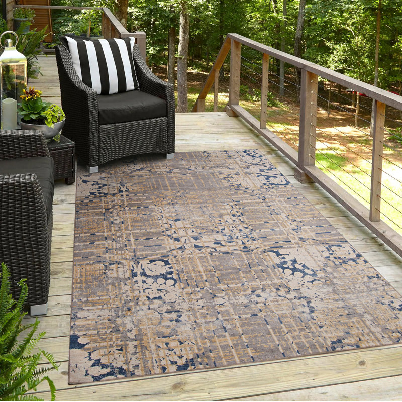 Lavable d'extérieur bleu marine et sable Ocala 5 po x 7 po, Rectangle 5 pi x 7 pi