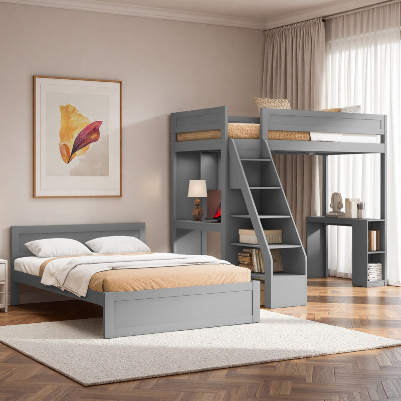 Lit superposé avec bureau et USB, Gris