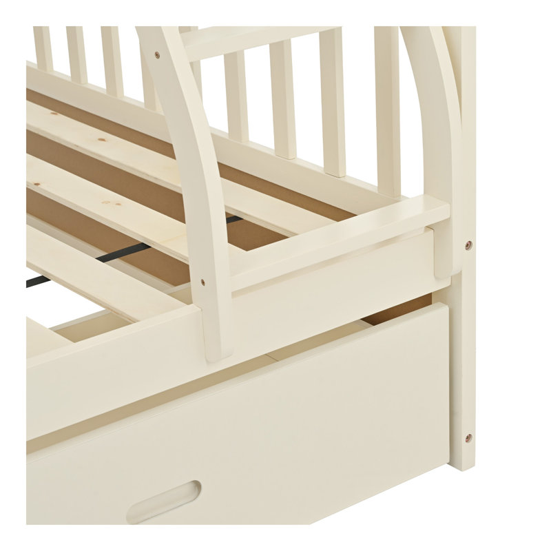Lit simple superposé au dessus d'un lit double avec tiroirs de rangement, lit superposé en bois avec échelle et garde-corps - crème