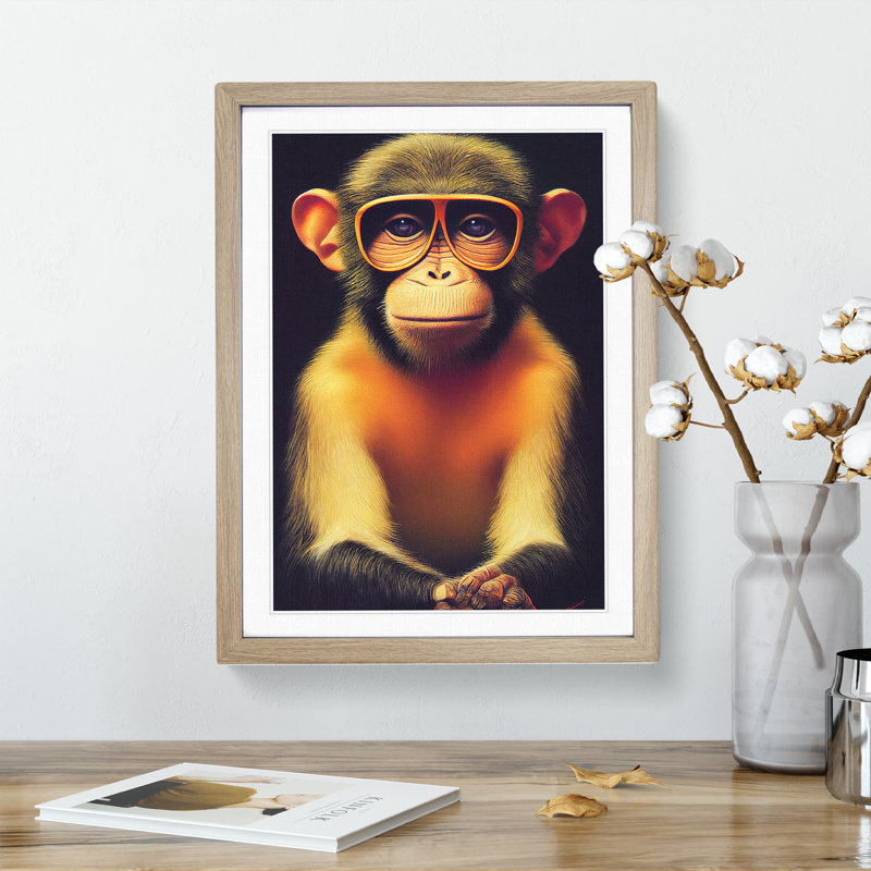 Monkey In Glasses No.1 - Framed Print, 34cm H x 25cm W, Beige