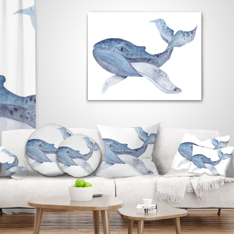 Grand coussin de baleine aquarelle animal, 16 po x 1 po, Coussin décoratif